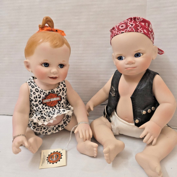 Harley-Davidson Franklin Mint Hailey & Bobby Little Biker Baby Porcelain Dolls - Picture 1 of 7